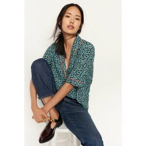 Anthropologie Porridge Selina Teal Leopard Print Satin Buttondown M
